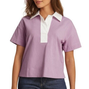 NWT Everlane The Oversized Rugby Polo Shirt Pink Purple Organic Cotton XS